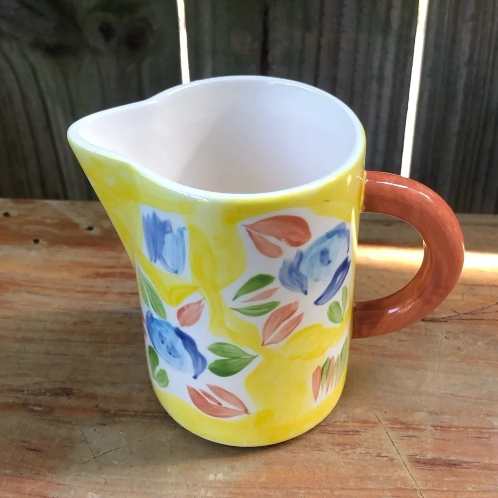 Pier 1 Imports Yellow Ceramic Creamer with Abstract Floral Pattern